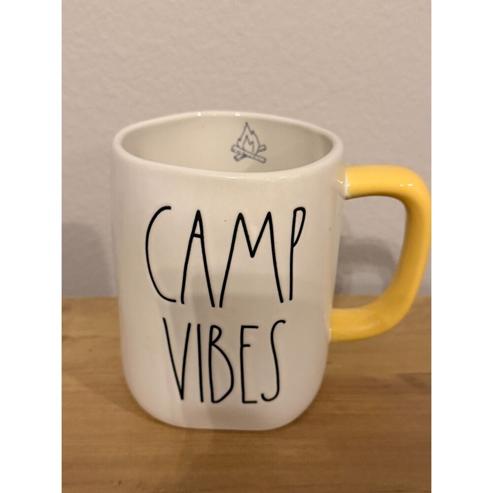 Rae Dunn Camp Vibes Mug Yellow Handle LL Rare HTF Campfire Inside Summer Mug